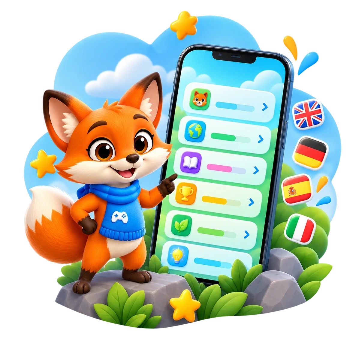Lexivio fox mascot beside a language-learning app